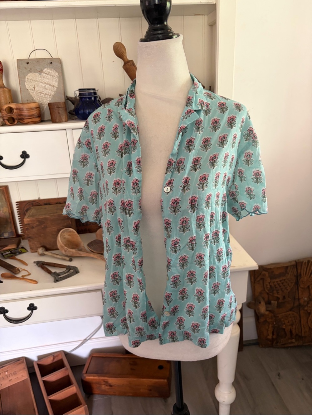 Oysho Light Aqua Floral Short-Sleeve Women’s Shirt